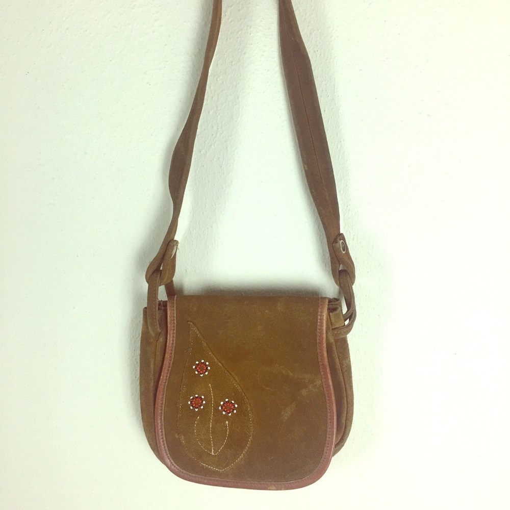 Vintage 1960s-70s Brown Suede Purse W/ Flowers